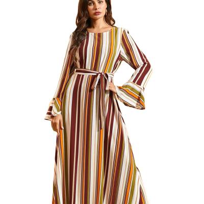 China 2020 Polyester Fiber Dubai Muslim Dresses Stripe Dress Muslim Horn Sleeve Dress for sale