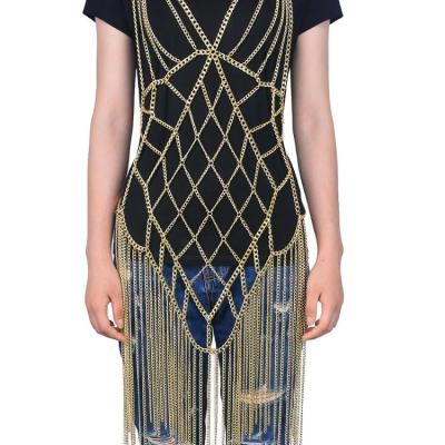 China Vintage Gold Color Net Grid Tassel Metal Body Chains Full Body Chain Women Handmade for sale