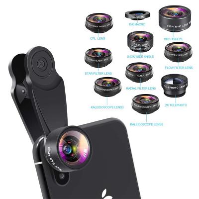 China Hot Selling Aluminum Plastic+Glass+ABS Optics 10 in 1 Macro Cell Phone Camera Optical Lens Fisheye Kit Wide Angle Lens with Universal Clip for Smartphone for sale