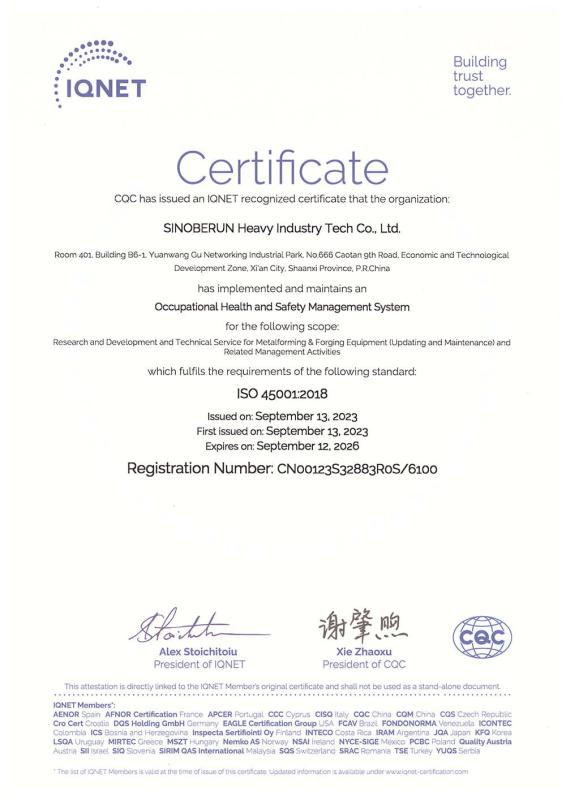 ISO 45001:2018 - SINOBERUN Heavy Industry Tech Co., Ltd.