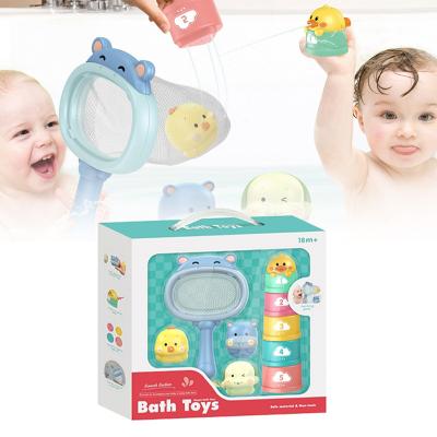 China Top Selling Tactile Bath Toy Baby Floating Squirt Bathtime Fun Hippo Fishing Net Set Stacking Cups Learning Education Toys Baby Bath Squirt Toys for sale