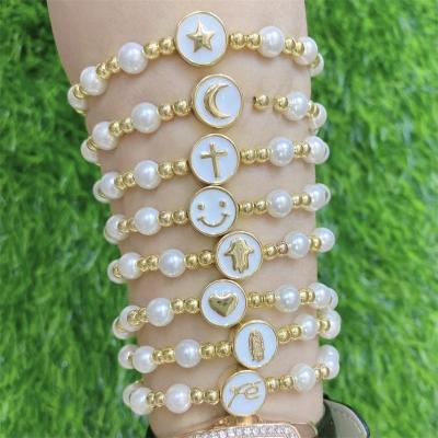 China CLASSIC Fashion Brass Bead Bead Bracelet Heart Baroque Eyes Flower Accessories Cross Elastic Rope Smile Face Pendant Bracelet for sale