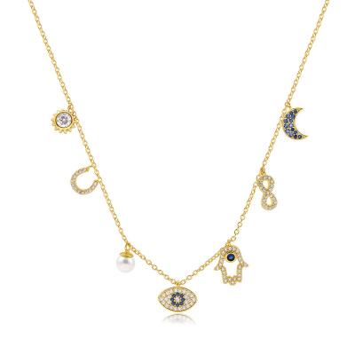 China Choker Necklaces Exquisite Appearance Evil&Eye Hamsa Hand 8 Moon Necklace 14k Gold Plated Third Tasty Pendant Necklace Blue Eye White CZ Women for sale