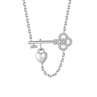 China Eco-Friend 925 Sterling Silver Paved Cubic Zirconia Heart Key Lock Pendant Necklace Simple Fashion Women Necklace for sale