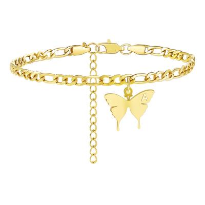 China Choker Necklaces Exquisite Appearance Butterfly Initial Anklet 18K Gold Plated Anklet Charm With Letter Alphabet Engraved Stainless Steel Figaro Link Chain for sale