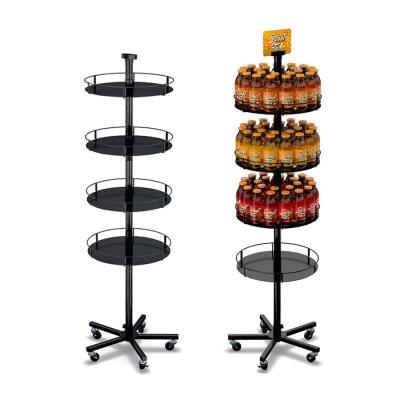 China Supermarket/Retail/Retail Store Metal Cookie Floor Rack Shampoo Wheel Fruit Snacks Wire Potato Chips Floor Rotating Bottle Display Rack for sale