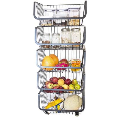 China Single Sided Rolling Standing Storage Bins Metal Wire Racks Floor Cart Stackable Storage Fruit Vegetable Snacks Pantry Organizer for sale