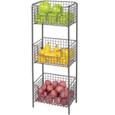 China Single Sided Vertical Standing Shelf Organizer Tower 3 Tier Kitchen Pantry Food Storage Rack with 3 Basket Bins for Potato and Fruit Snack for sale