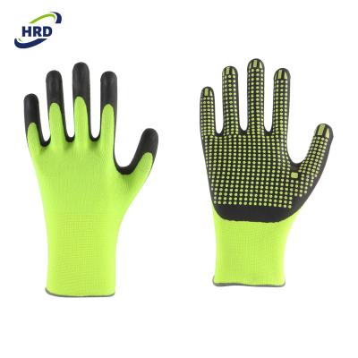 China Dots Fluorescent Yellow Hi Viz Micro Nitrile Soft and Felxible Foam Coated Safety Work Glove for sale