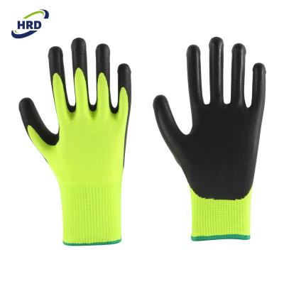 China Soft and felxible popular ultra thin micro foam nitrile coated fluorescent yellow coating safety flexible work glove hi viz for sale