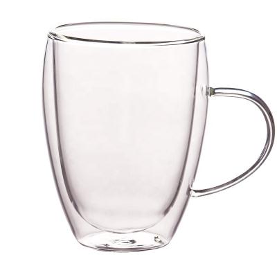 China Sustainable New Design Clear Borosilicate 350ml Double Wall Glass Reusable Coffee Mug With Handle for sale