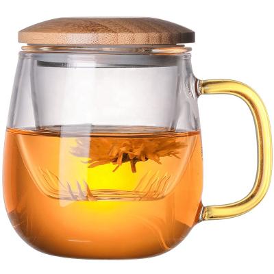 China Viable Handmade High Quality Embossed Clear Glass Flower Coffee Tea Cup With Bamboo Lid And Handle for sale