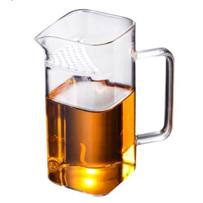 China Sustainable Square Shape Glass Fair Mug With Crescent Tea Leak And Handle Short Tall Glass Tea Cup for sale