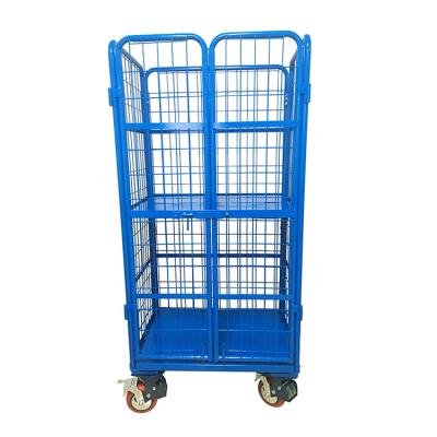 China Euro Standard Foldable 2 Door Roll Container Mobile Cage Trolley Cart Collapsible With Middle Panel for sale