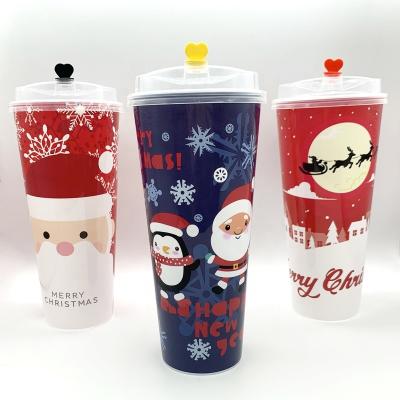 China Christmas Single Wall Pattern Food Grade Bubble Tea Cup Thicker Plastic Disposable Bottle For Coffee Boba Tea Drink for sale