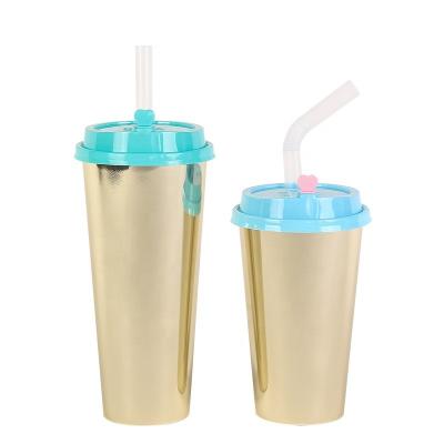 China Hot Sale 500ml 700ml 1000ml Single Wall Membrane Labeling Gold And Silver Disposable Cup Boba Tea Bottle With Lids for sale