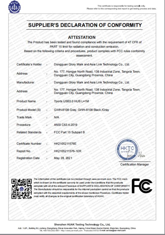 FCC - Dongguan Glory Mark And Asia Link Technology Co., Ltd.