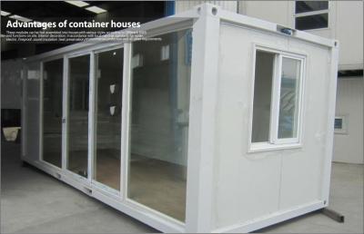 China Prefab beweegbare geassembleerde glas prefabhuizen/staal modulaire opslag met glasgordijn Te koop