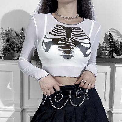 China 2021 Female Skinny Gothic Harajuku T-Shirts Dark Skeleton Mesh Top Anti-Wrinkle Goth Print Clothing Tees Tees See Through Summer for sale