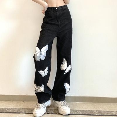 China 2021 Korean Straight Pants Women QUICK DRY High Waisted Jeans Fashion Streetwear Ladies Pockets Pants Butterfly Printed Vintage Denim for sale