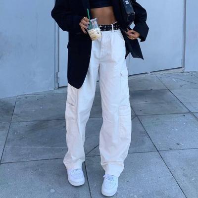 China ZLDRESS Pocket Fashion Harajuku 2021 White Women Straight Denim Jeans Streetwear High Waist Viable Vintage Jeans Pants Cargo Pants for sale