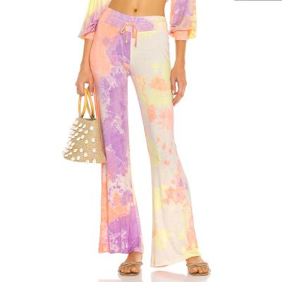 China New Anti-Static Tie Dye Print High Waist Pants Loose Casual Belt Flared Wide Leg Womens Pants Vetement Femme 2021 for sale