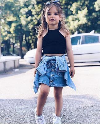 China Preppy Style Toddler Kids Baby Fashion Outfits Clothes Set Black Mini Skirts 2PCS Vest Tank Top & Denim Outfit 1-6Y for sale