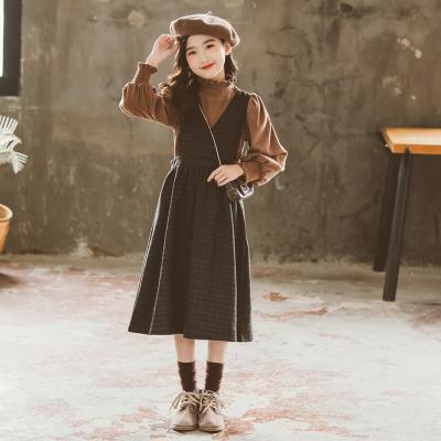 China Preppy Children's Autumn Girls Clothes Set New Style Basing Two Piece Spring Girls Sweater Plaid Strap Dress Suit Korean Clothing Large Size for sale