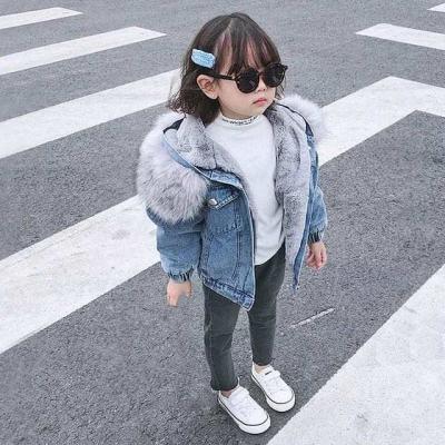 China New Baby Long Hair Plush Denim Jacket Coat Viable Children Winter Short Collar Children's Denim Jacket for Boys and Girls for sale