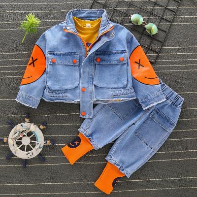 China Durable Cowboy Denim Suit Baby Boys Jacket Smile Face Coats Outfits Jeans Sets Clothes 2 3 4 5 6 7 8 Years Boys Girls Fashionable Kids for sale