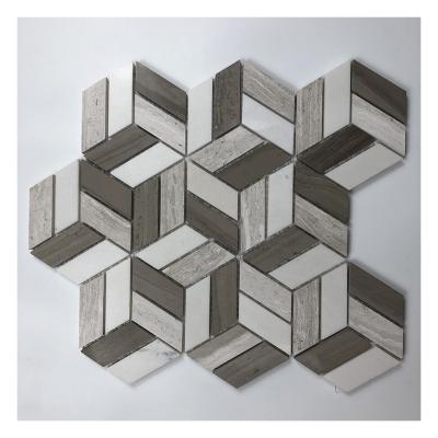 China High Quality Stone Parquet Mosaic Wall Brown Mixed With White Hexagonal Pattern Mosaic for sale