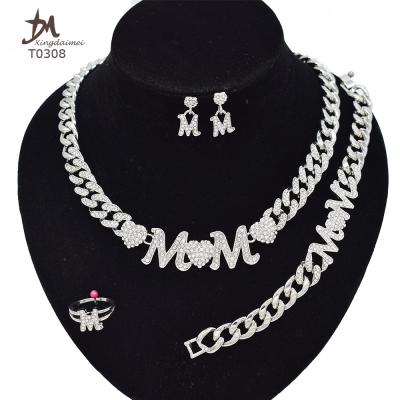 China High Quality Cuban Chain Jewelry Set T0308 Silver Color XOXO MOM Jewelry Set High Quality Mom Gift for sale