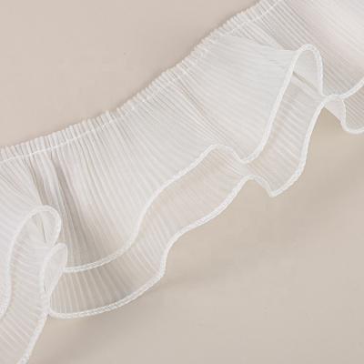 China Hot Sale Sustainable Soft And Flexible 8cm Wide Double Layers Pleated Organza Fabric Embroidery Fringe Ribbon Lace Collar Ruffle Trim For Clothing for sale