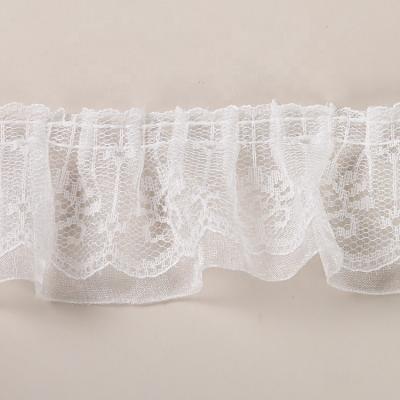 China 3layers high quality sustainable soft and flexible gathered elastic ruffle lace trim pleated lace trim for babies dolls dress skirt decor for sale