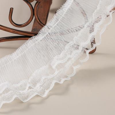 China 6.5cm Durable Soft And Flexible Wide Two Layers Pleated Ruffle Trim Lace Ribbon Collar Fringe Embroidery Fabric For Home Textile Decorate Garment for sale