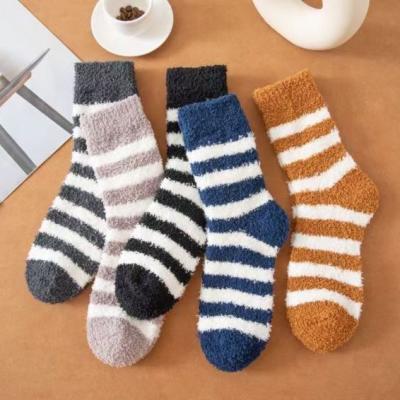 China Hot Sale Breathable Men's Stripe Socks Indoor Winter Warm Breathe Anti-skid Polyester Fleece Socks Comfortable Soft Men's Socks for sale