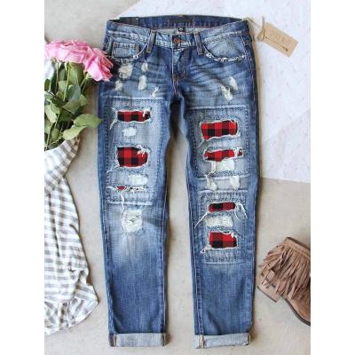 China Color Fade Proof Fashion Trend 2020 Summer Hot Wish Amazon Sale Plaid Ladies Jeans Red Ripped Pants Ladies Jeans for sale