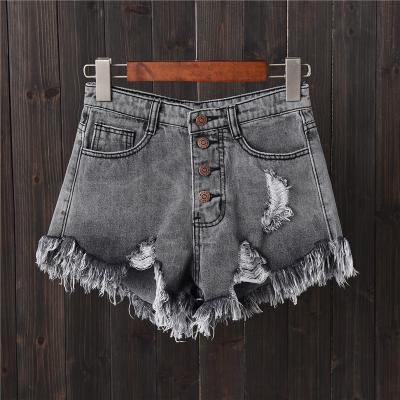 China AA Thin Wide Brim Hot Pants Rough Leg Pants Women's Beggar Fade Proof South Korea Smoke Gray Hole Breasted Denim Shorts Color Large for sale