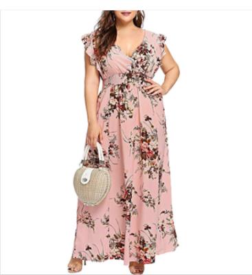 China New Amazon Washable Border Popular Women's Chiffon Dress Large Short Sleeve Ruffle Printed Long Dress for sale