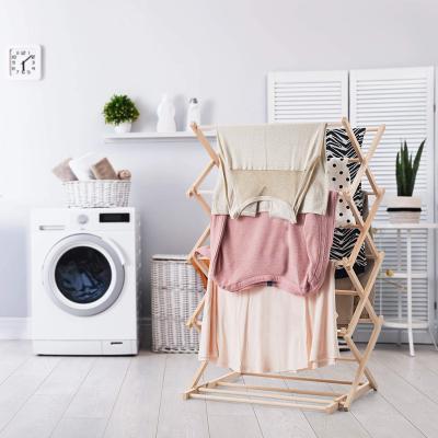 China Smooth 2021 New Arrivals Balcony Folding Wooden Towel 3 Tier Hanging Bamboo Laundry Clothes Drying Rack for sale