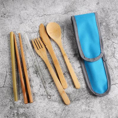 China Sustainable Outdoor Camping Kitchen Travel Kit Utensil Set 7pcs Eco-Friendly Reusable Wooden Bamboo Cutlery Set With Cloth Pouch for sale