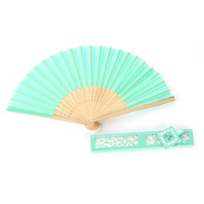 China Europe wedding bamboo/paper polyester folding hand fan for promotion with gift box for sale