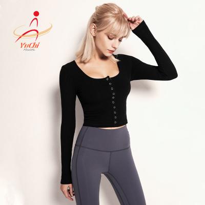 China Long Sleeve Breathable Anti-Wrinkle Yoga T-Shirt Quick Dry Running Fitness Wear Threaded Crop Ribbed Top for sale