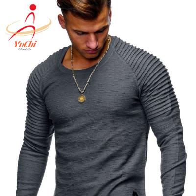 China Anti-pilling Patch Shoulder Sleeve Men Solid Color Pleated Casual Tops Long Spring Fashion Slim Basic T-Shirt for sale