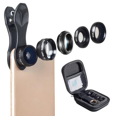 China Glass+ABS Aluminum+Plastic Apexel Optics Best Selling 5 In 1 Macro Lens Kit With Portable Pouch Bag Fisheye Wide Angle Phone Lens for sale