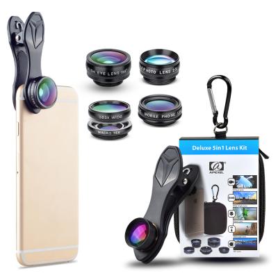 China Glass+ABS Aluminum+Apexel Plastic Optics 5 in 1 Mobile Phone Lens Kit 198 Degree Wide Angle Fisheye Lens 2x Telephoto For iPhone for sale