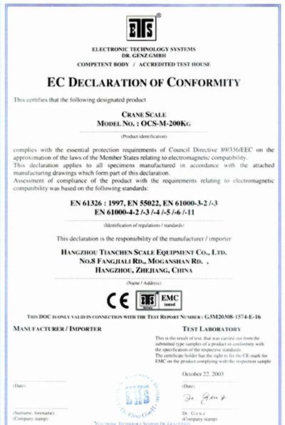 CE - Hangzhou Tianchen Scale Equipment Co., Ltd.