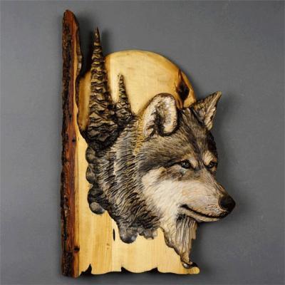 China Europe Handcraft Rustic Indoor Home Bedroom 3D Bear Wolf Head Wall Hanging Gift Wooden Carving Animal for sale