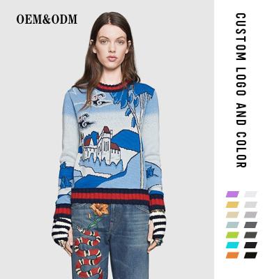 China New Winter Anti-wrinkle European Landscape Printing Blue Woolen Sweater Women Fashion Protect Oversized Female Sweater for sale