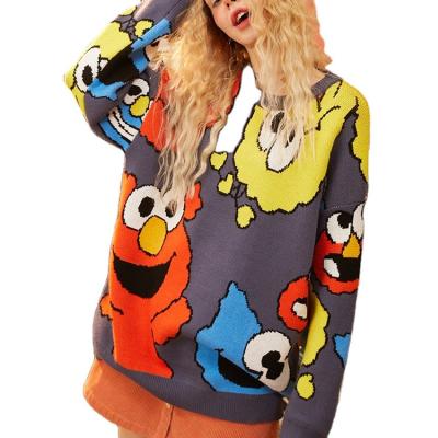 China OEM Sweet Anti-pilling Knit Round Neck Anti-wrinkle Cartoon Pattern Wool Pullover Fashion White Sweater For Girl for sale